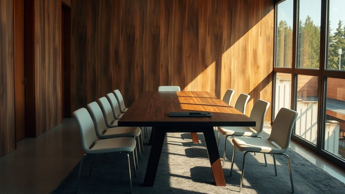 Illustrative image: empty meeting room with wooden table and side natural light