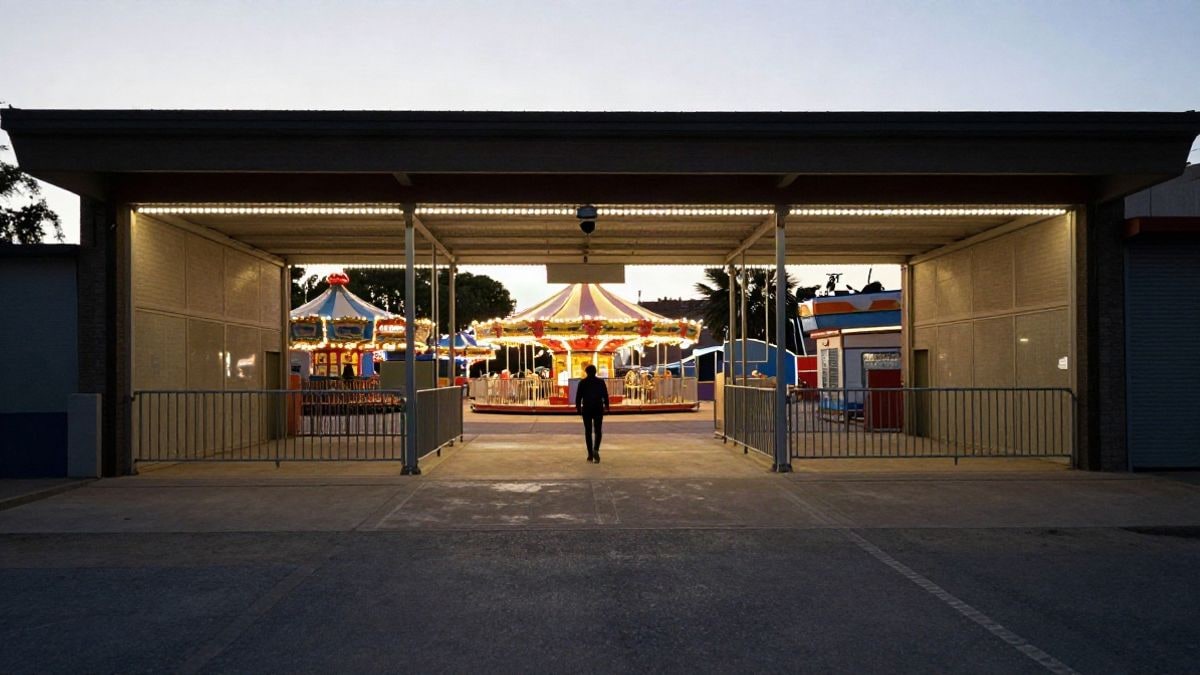 Illustrative image: entrance of a generic fairground at sunset with a distant figure