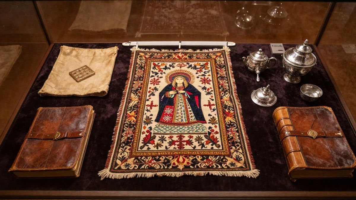 Imagen ilustrativa: vitrina de museo con textiles bordados antiguos y objetos de orfebrería sobre terciopelo
