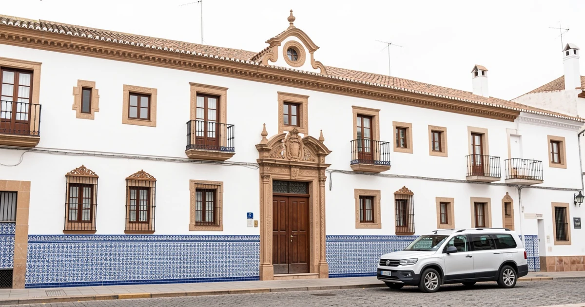 Facade of the Town Hall of Frigiliana with a Civil Guard vehicle