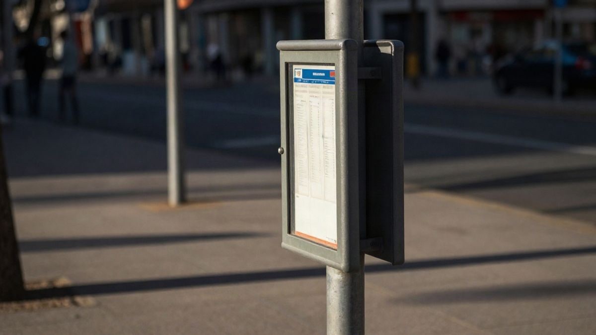 Illustrative image: detail of a bus shelter with a timetable panel at sunset