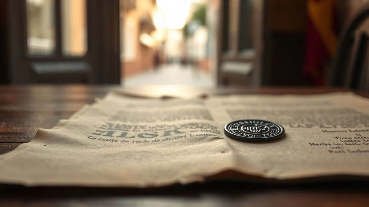 Primer plano de un documento diplomático antiguo con un sello de lacre sobre una mesa de madera, con luz natural suave
