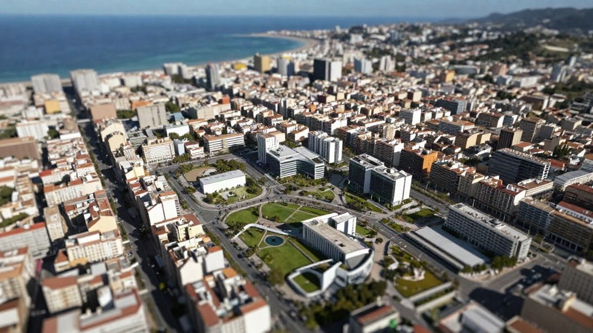 Imagen ilustrativa: vista cenital de una ciudad costera con zonas verdes y urbanización