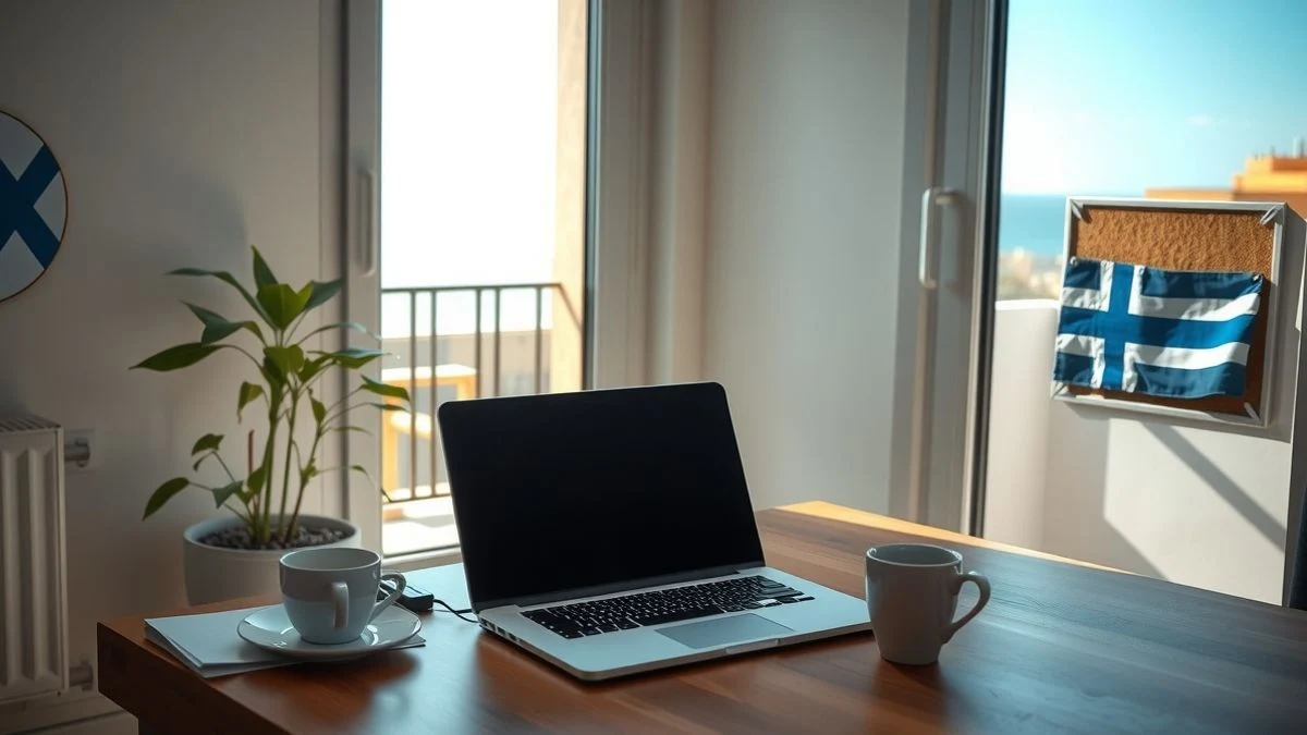 Escritorio con portátil y taza de café junto a ventana con vista al mar en Fuengirola