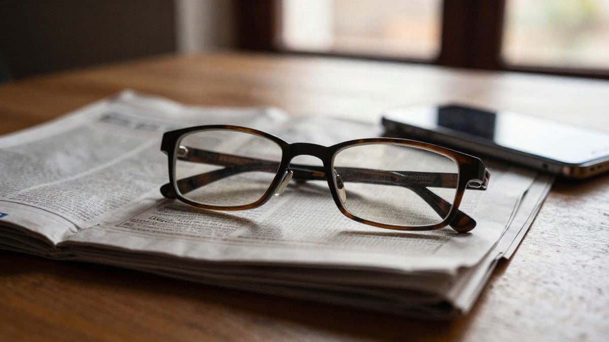 Imagen ilustrativa: primer plano de unas gafas de lectura sobre un periódico abierto y un teléfono móvil en una mesa de madera