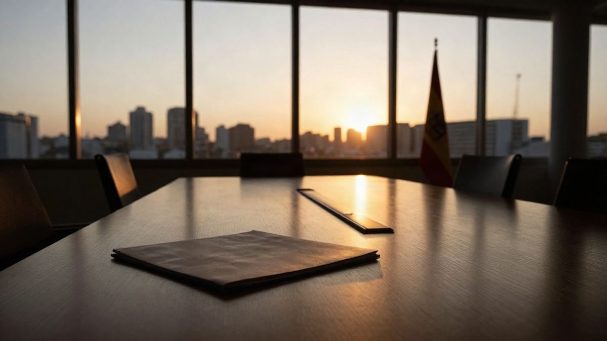 Illustrative image: empty meeting room with long shadows at sunset and a folder on the table