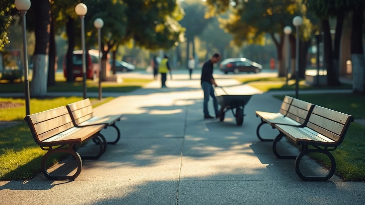 Illustrative image: a municipal park with empty benches and a gardener's wheelbarrow in the background, with morning light and blurred figures working in the distance.