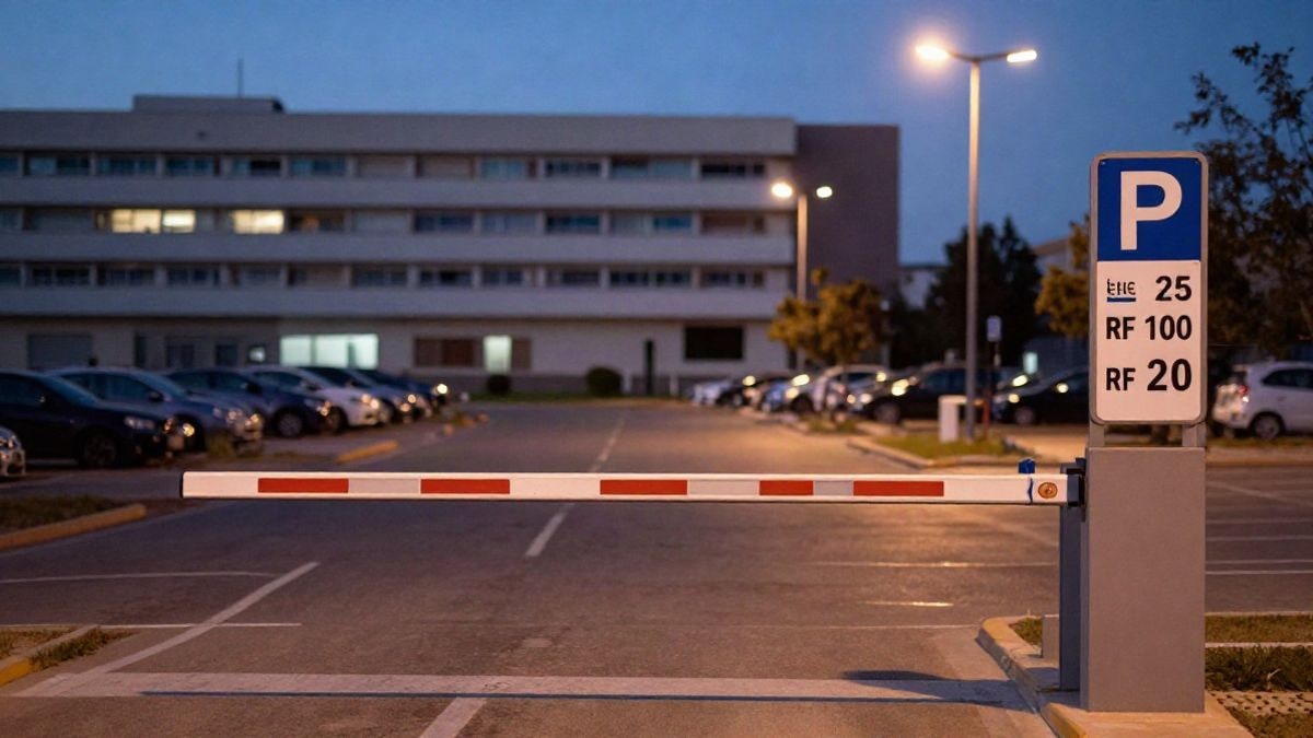 Imagen ilustrativa: entrada de un aparcamiento de hospital al atardecer, con barrera y señal de tarifas iluminada.