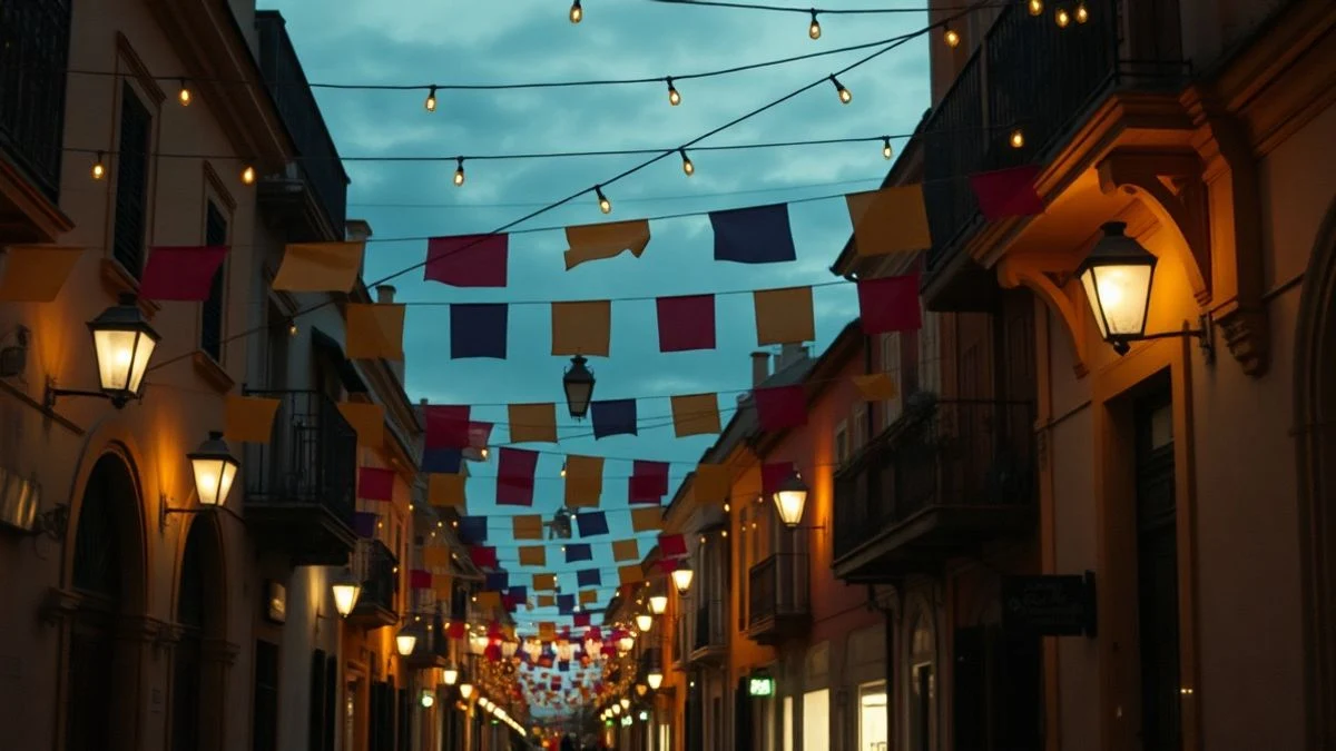 Imagen ilustrativa: calle engalanada con luces y banderines al atardecer, con un escenario vacío al fondo.