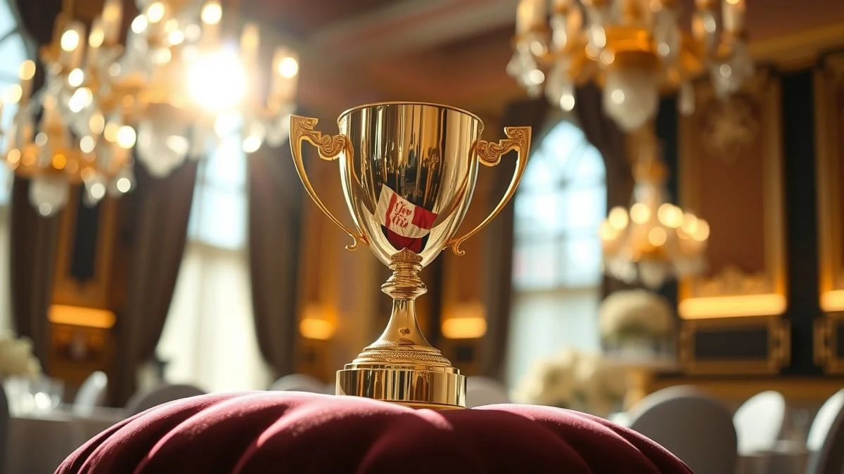 Illustrative image: a golden trophy on a velvet cushion in an event hall lit by natural light.