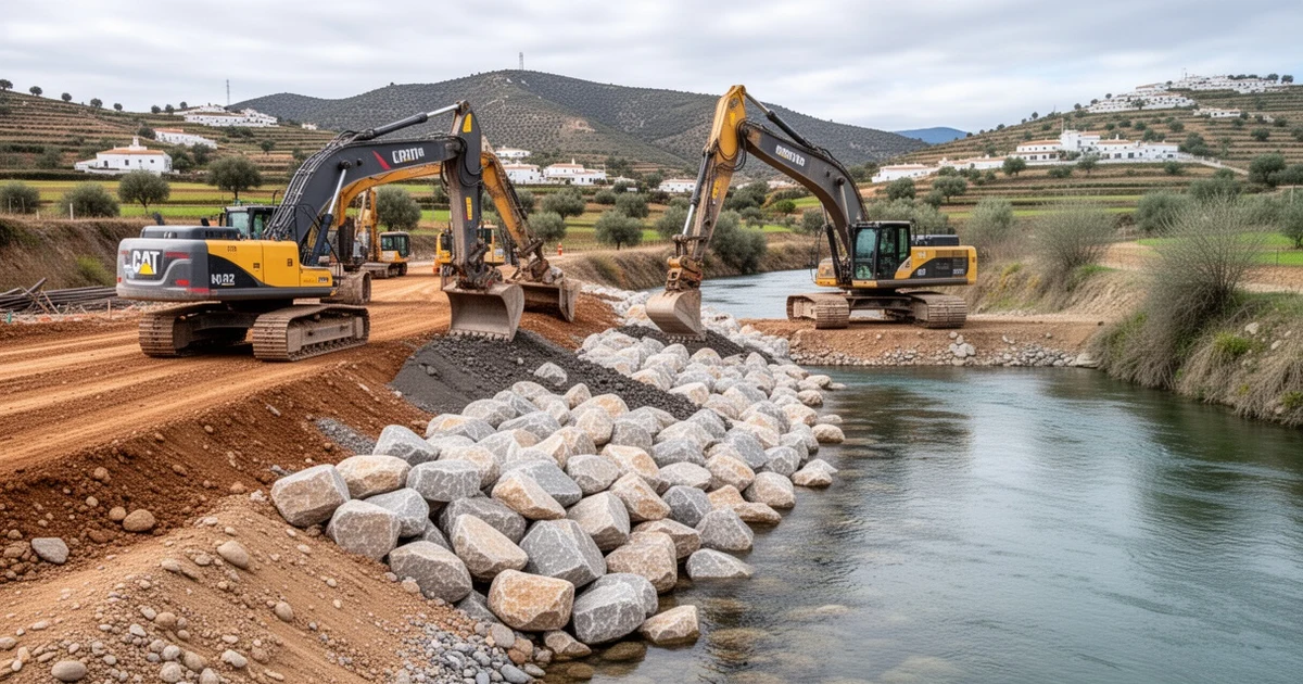 Stone riprap construction on Guadalhorce river in Villanueva del Trabuco to prevent flooding