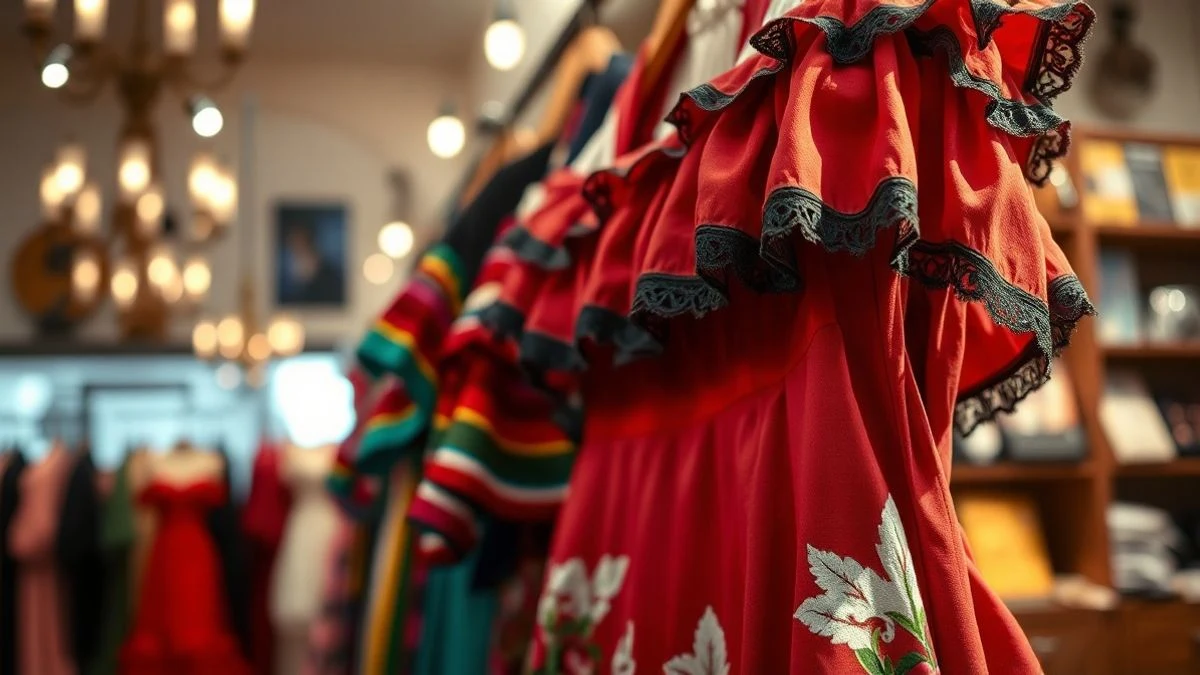 Imagen ilustrativa: un traje de flamenca de colores vibrantes colgado en una boutique, con el fondo desenfocado y luz cálida.