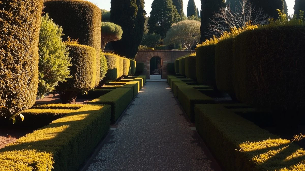Jardines de Pedro Luis Alonso en Málaga con luz de atardecer y líneas convergentes