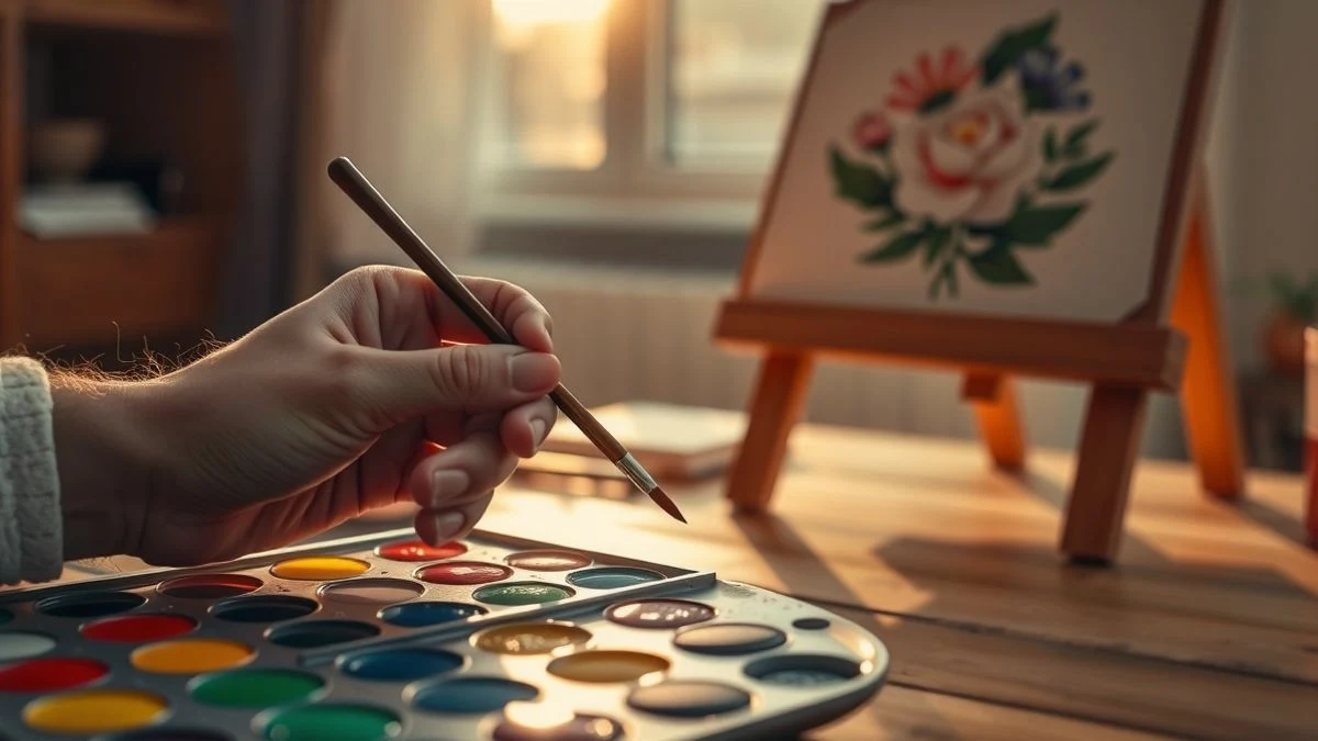 Artist's hand with brush and palette next to an easel with a floral illustration at sunset