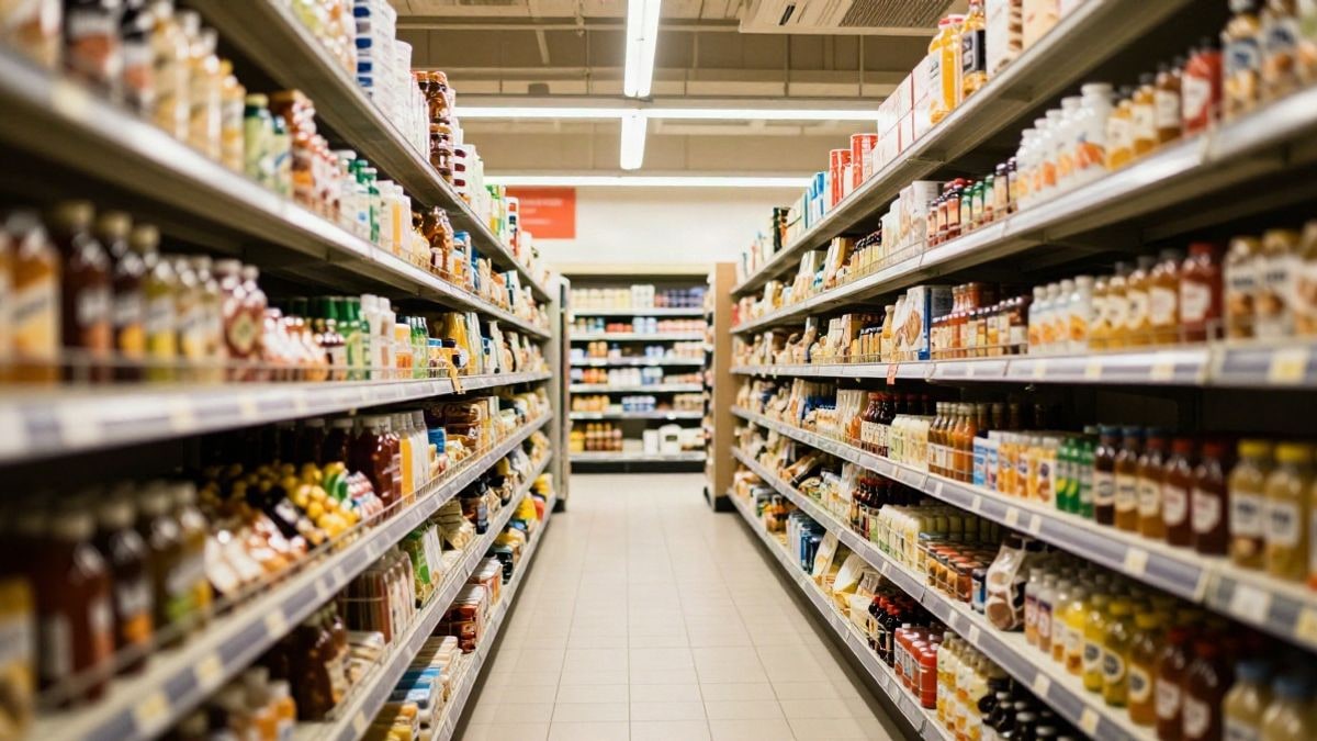 Imagen ilustrativa: pasillo de supermercado con estanterías de productos alimenticios y líneas que convergen hacia el fondo