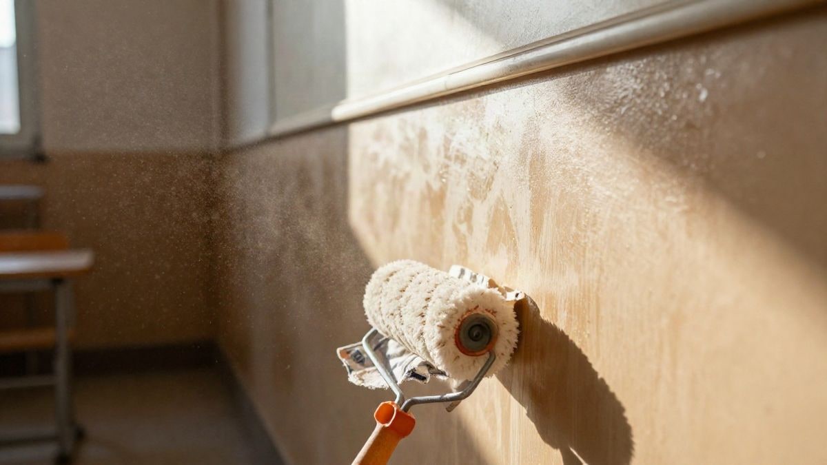 Imagen ilustrativa: una pared recién pintada en un aula con un rodillo de pintura sobre un plástico protector, con luz natural entrando por la ventana.