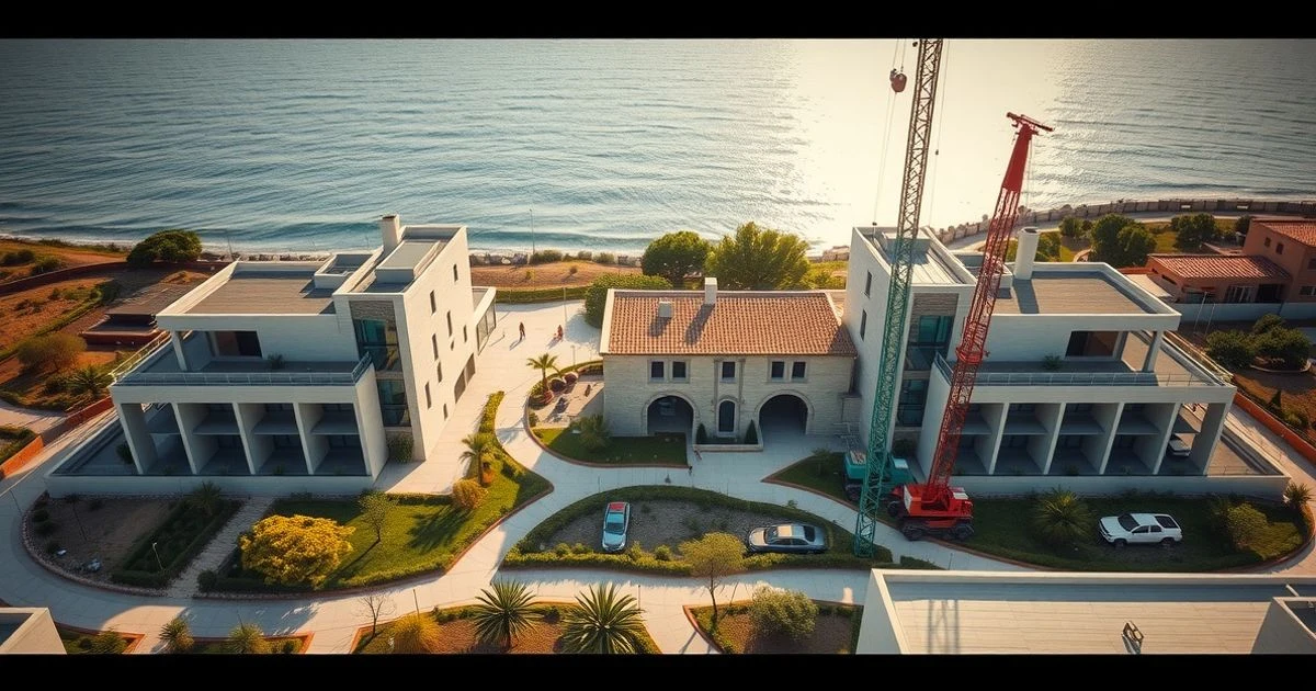 Aerial view of the construction of the elderly residence in Marbella, featuring two modern buildings and a restored historic mill.