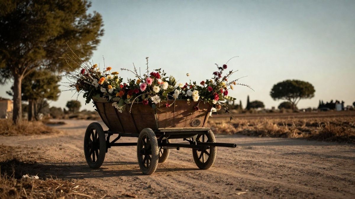 Illustrative image: cart adorned with flowers on a dirt path under a clear sky