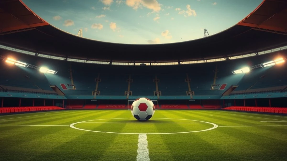 Illustrative image: an empty football field lit by floodlights at sunset, with a ball in the centre.