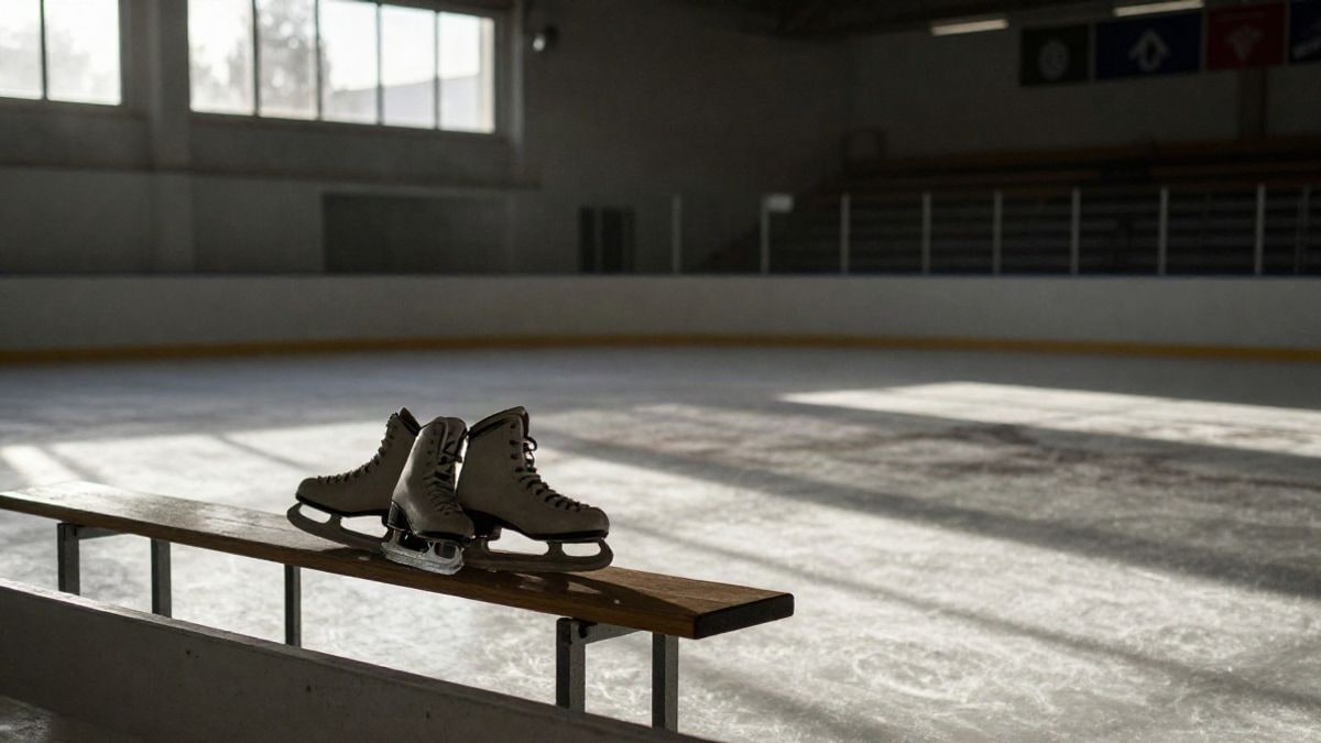 Imagen ilustrativa: pista de hielo interior con patines de alquiler sobre un banco de madera y luz de ventana lateral