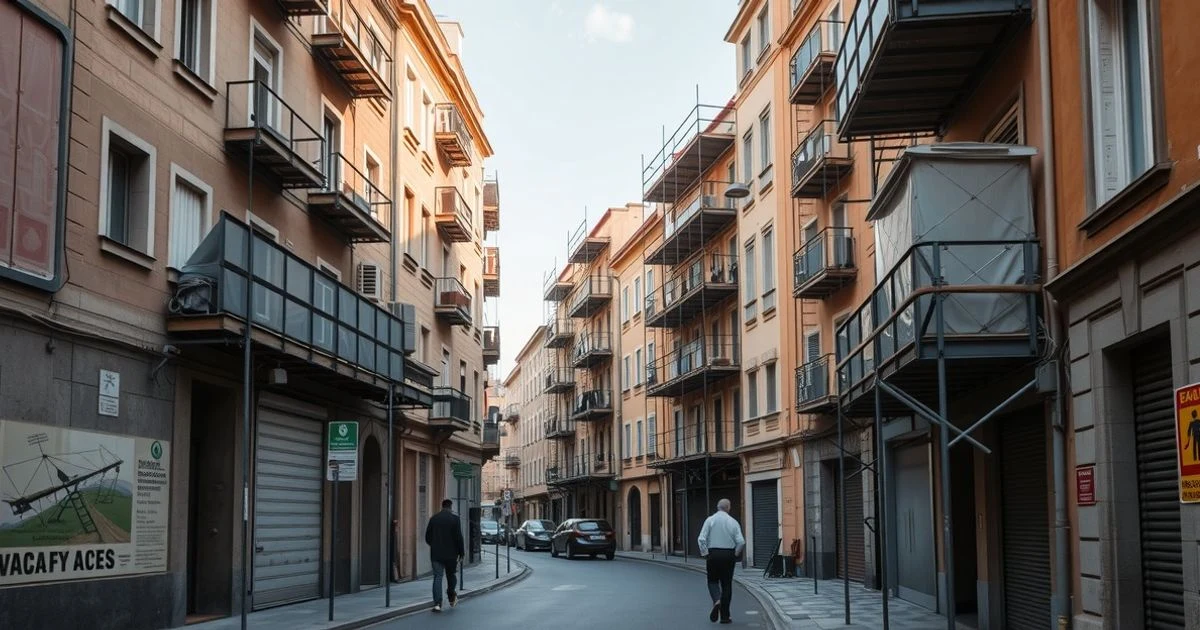 Facade of commercial premises in Málaga undergoing renovation to become homes, with scaffolding and construction materials