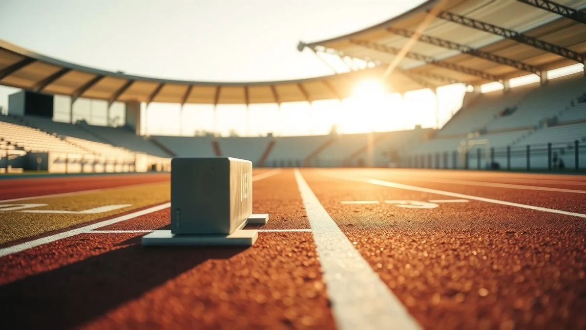 Imagen ilustrativa: una pista de atletismo con un taco de salida en primer plano, al atardecer, con el estadio vacío al fondo.