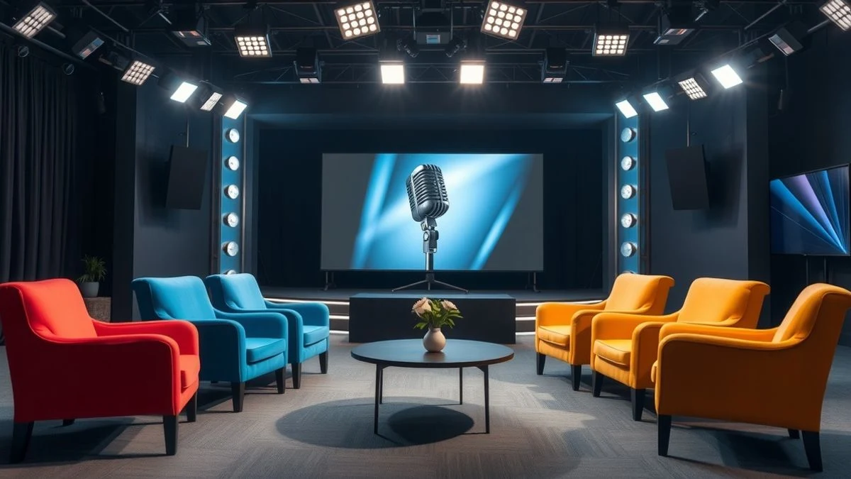 Plató de televisión vacío con butacas de colores y luces de estudio al fondo