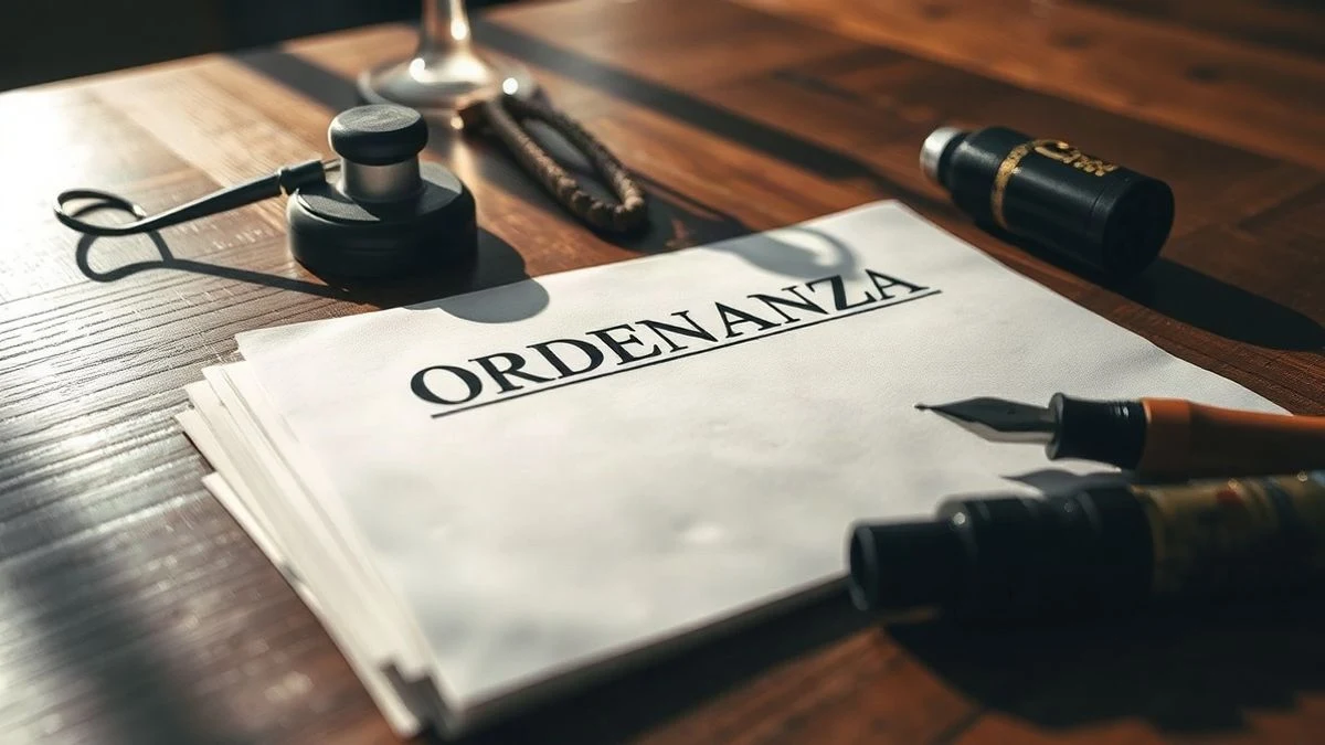 Illustrative image: ordinance document on a table with stamp and pen, blurred background of council chamber.