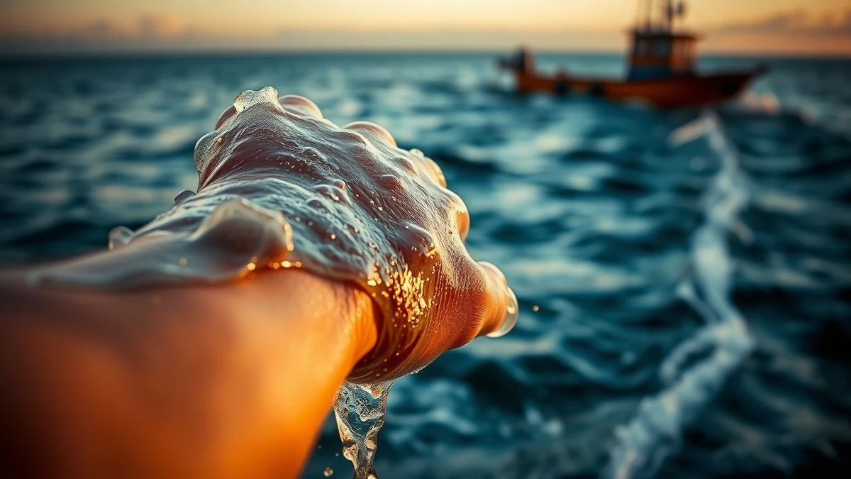 Imagen ilustrativa: primer plano de un brazo con gorro de natación cortando el agua en el mar al amanecer, con gotas y espuma.