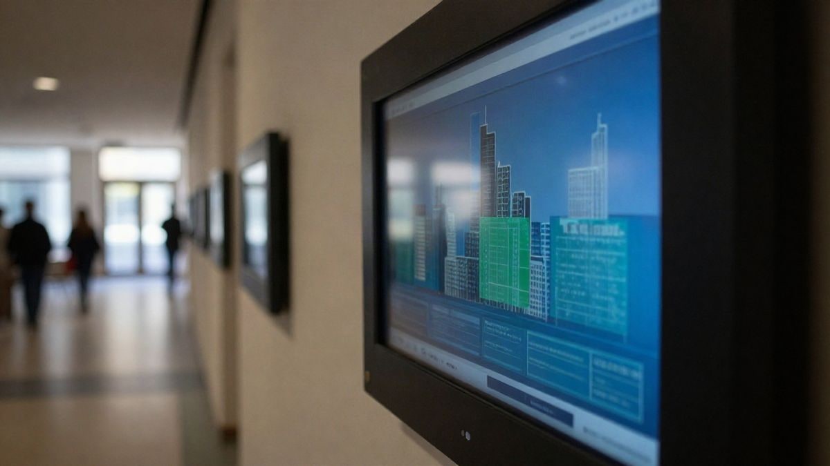 Illustrative image: detail of a digital screen with data graphics in a municipal building