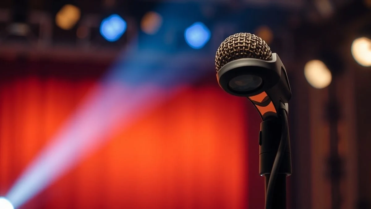 Illustrative image: a microphone on a stand on an empty stage with colourful lights in the background