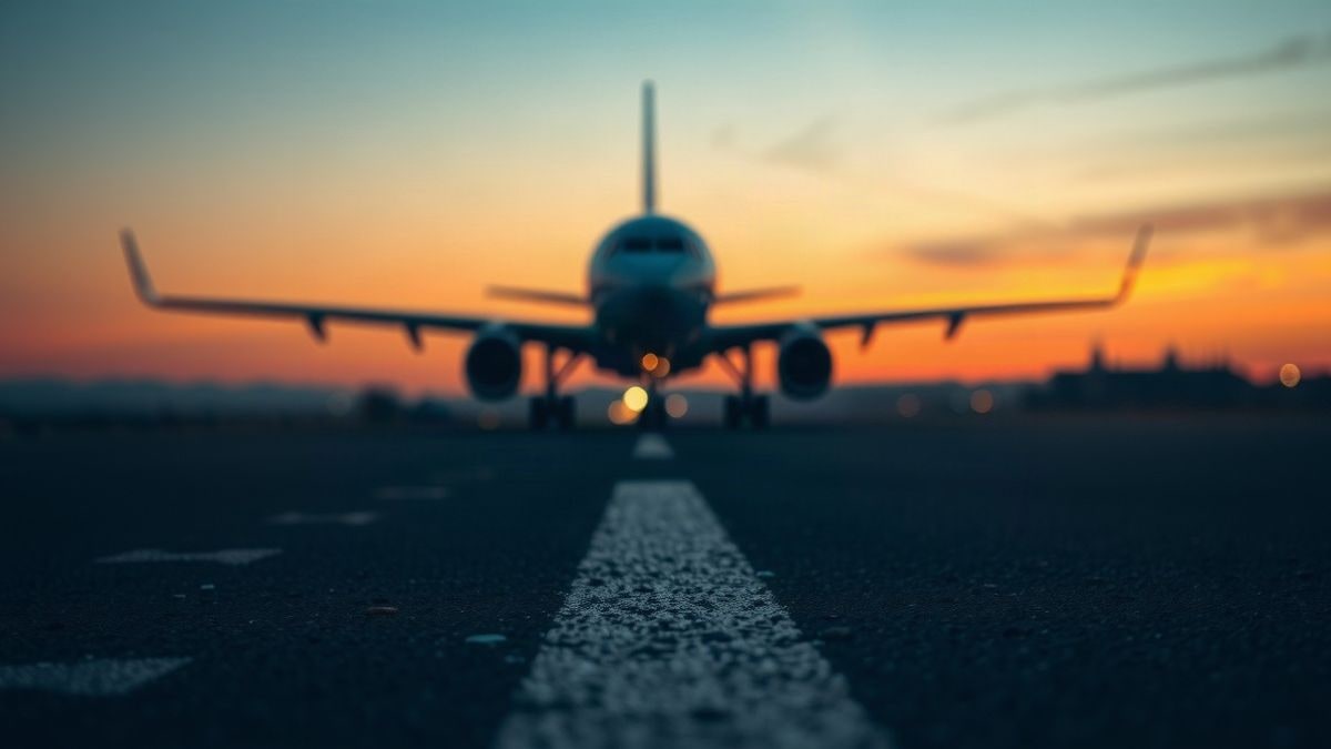 Imagen ilustrativa: pista de aterrizaje de un aeropuerto al atardecer, con luces de aproximación y un avión desenfocado al fondo.