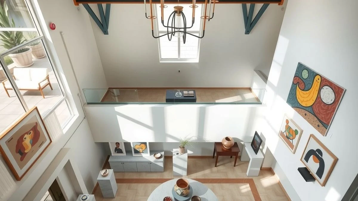 Imagen ilustrativa: vista cenital de un lobby de hotel con obras de arte abstracto expuestas en paredes y pedestales.