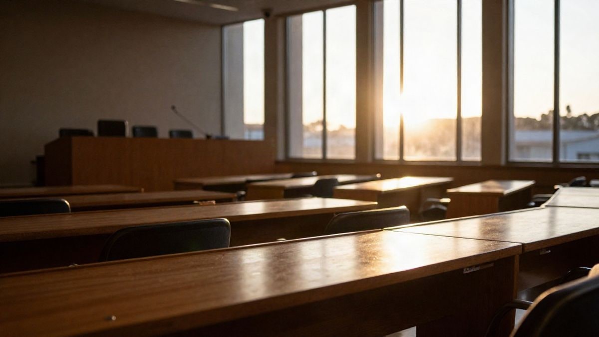 Imagen ilustrativa: sala de plenos municipal vacía al atardecer con sombras largas sobre los escaños