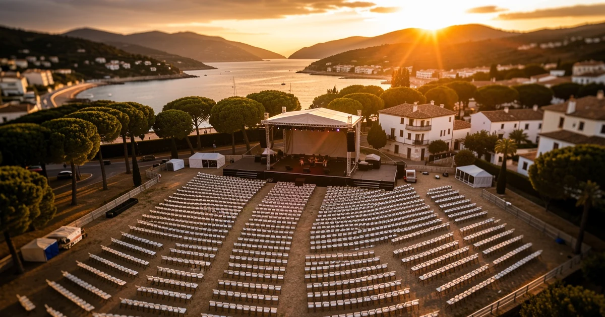 Vista aérea de un recinto de conciertos al aire libre en la Costa del Sol al atardecer, con escenario vacío y sillas.