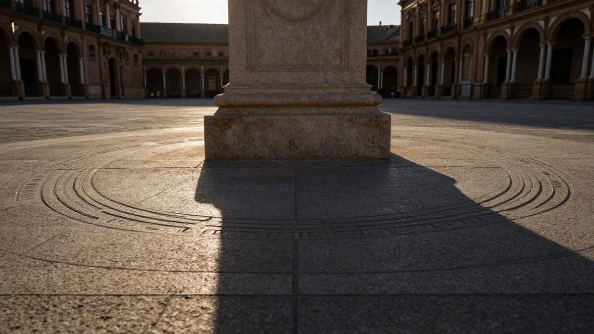 Illustrative image: stone sundial with engraved hour lines in a public square at sunset