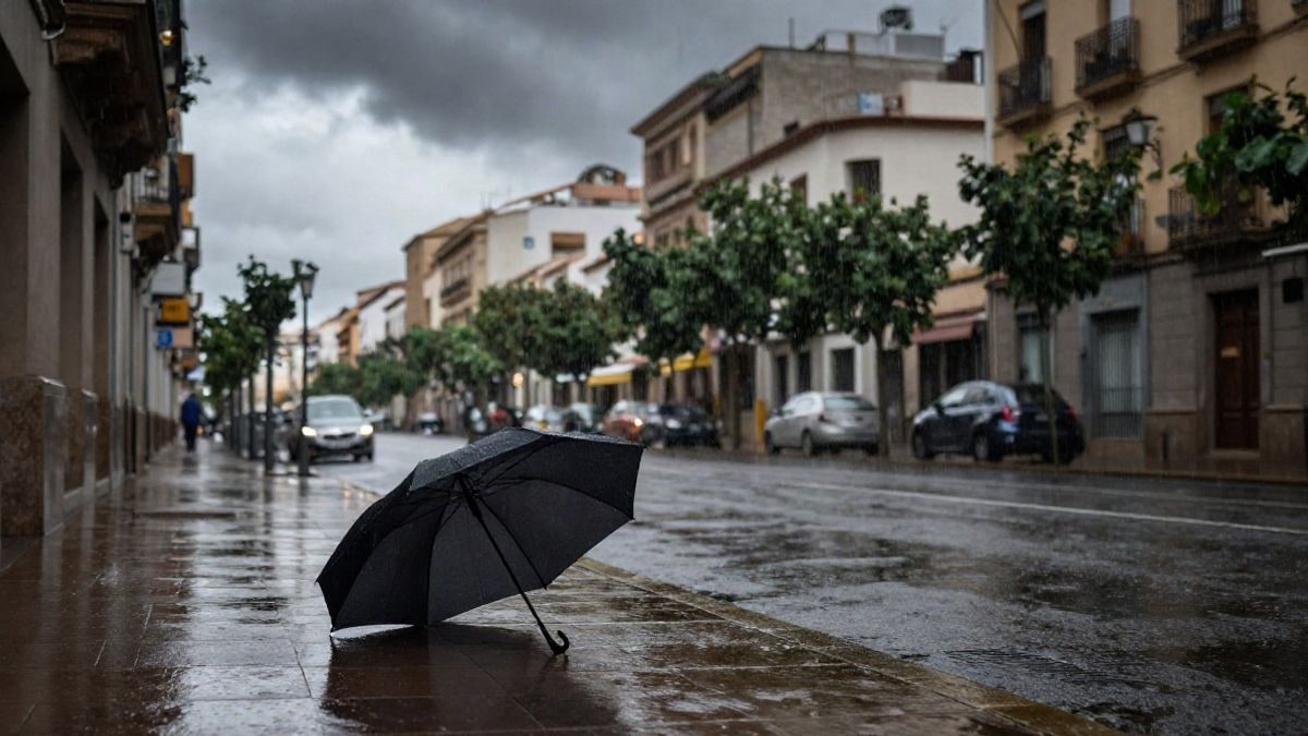 Imagen ilustrativa: calle urbana bajo la lluvia con nubes oscuras y un paraguas abierto en la acera