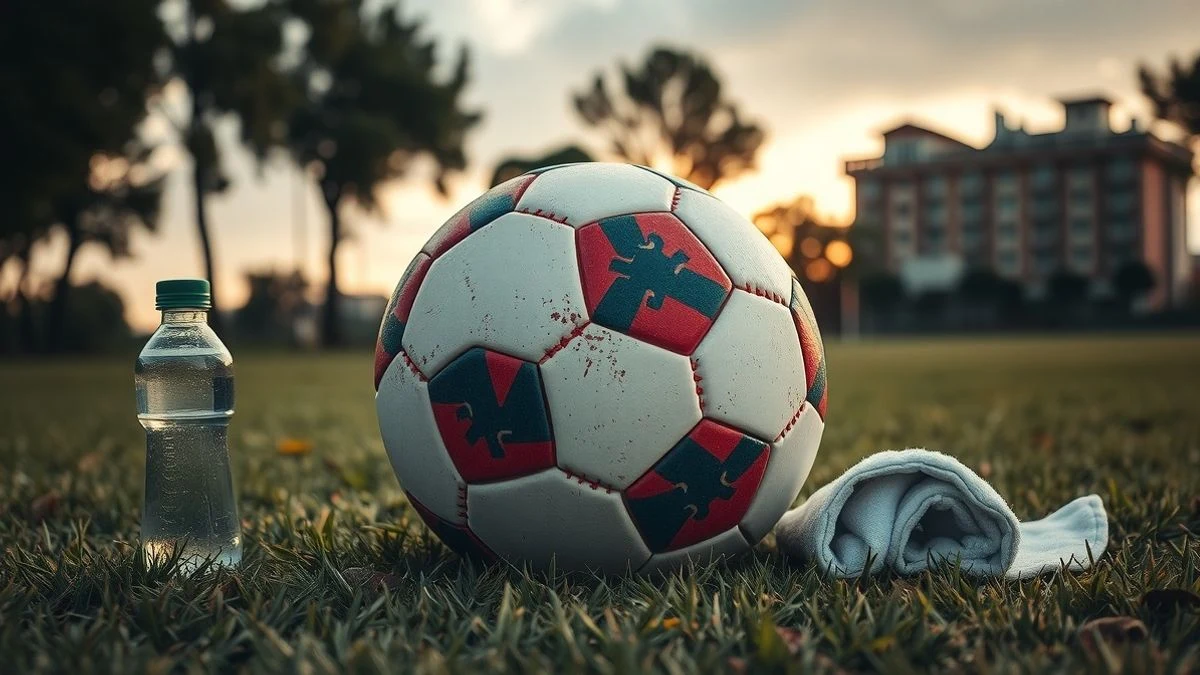 Illustrative image: football on grass with water bottle and towel, sunset at training ground.