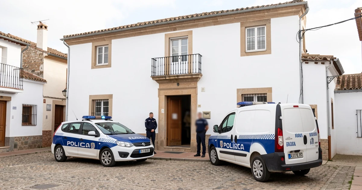 Fachada del Ayuntamiento de Frigiliana con vehículos de la Guardia Civil