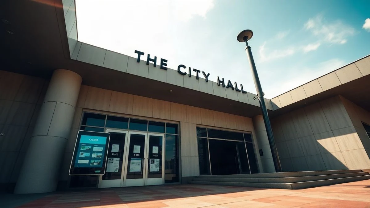 Illustrative image: facade of a municipal building with a digital kiosk at sunset