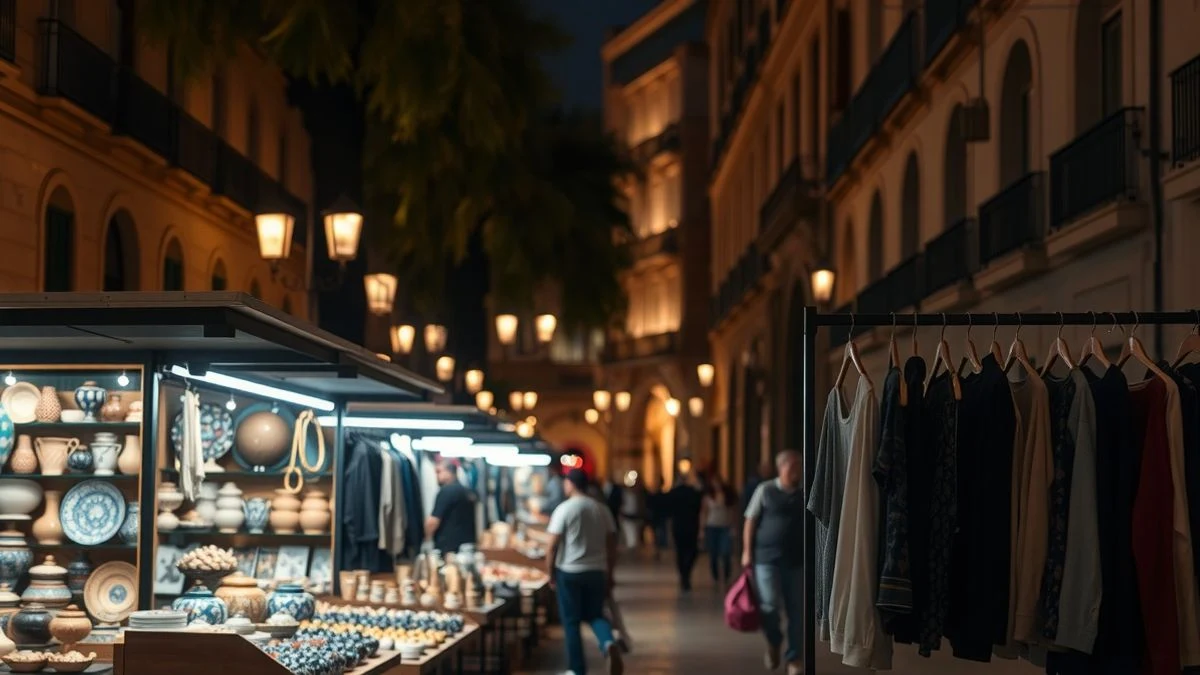 Illustrative image: a night market with stalls lit by street lamps, featuring craft items and hanging clothes, in a Spanish square.