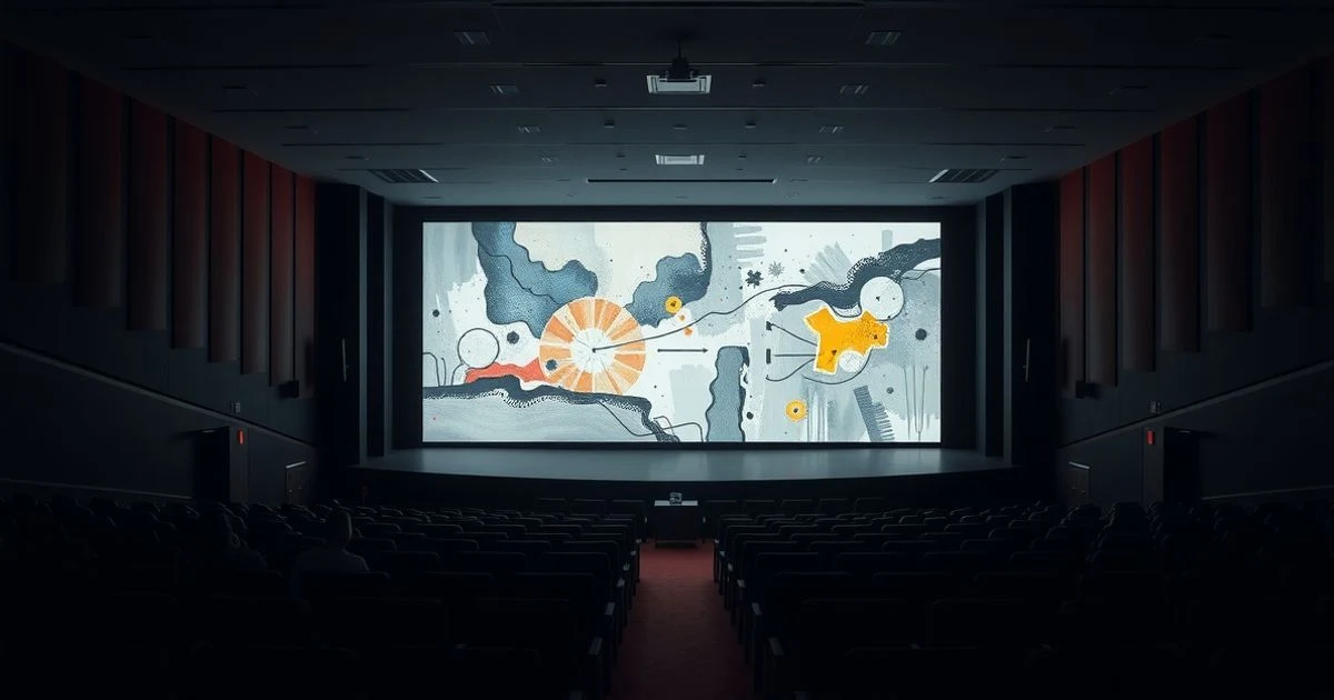 Auditorio vacío con pantalla que muestra una pintura hiperrealista, sillas parcialmente ocupadas