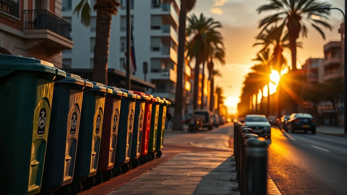 Waste containers on a street in Marbella at sunset