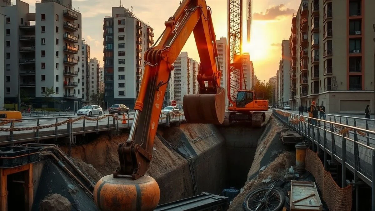 Imagen ilustrativa: obras de un aparcamiento subterráneo en una zona urbana con grúa y excavación.