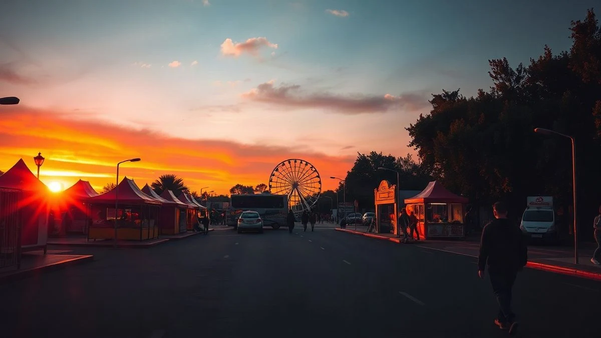Illustrative image: booths and attractions of a fair at sunset, with silhouettes and long shadows