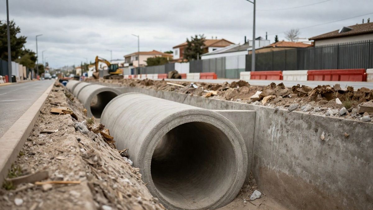 Illustrative image: open trench with large diameter pipes for a collector in a residential street