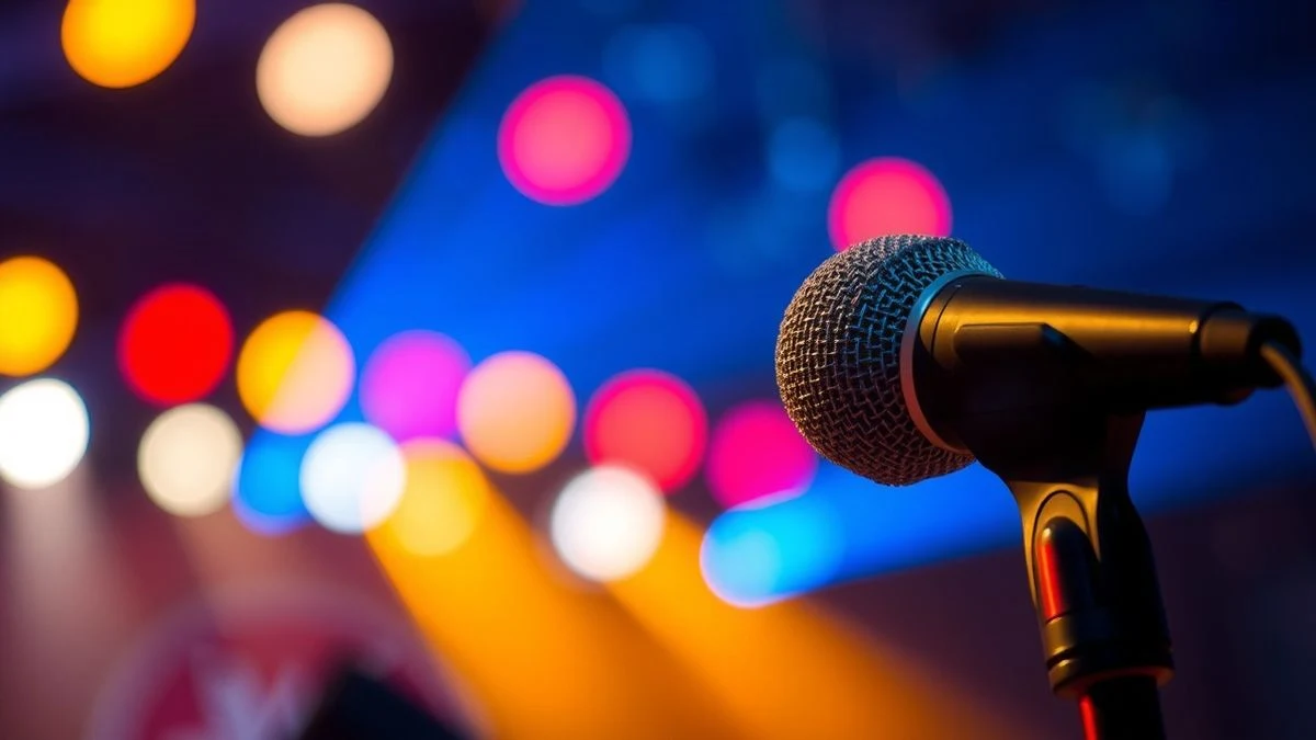 Micrófono sobre el escenario con luces de colores desenfocadas al fondo