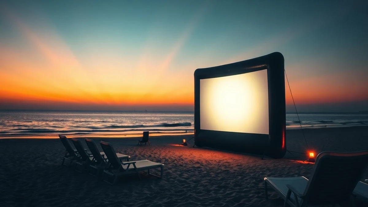 Imagen ilustrativa: pantalla de cine al aire libre en la playa al atardecer, con sillas vacías frente al mar