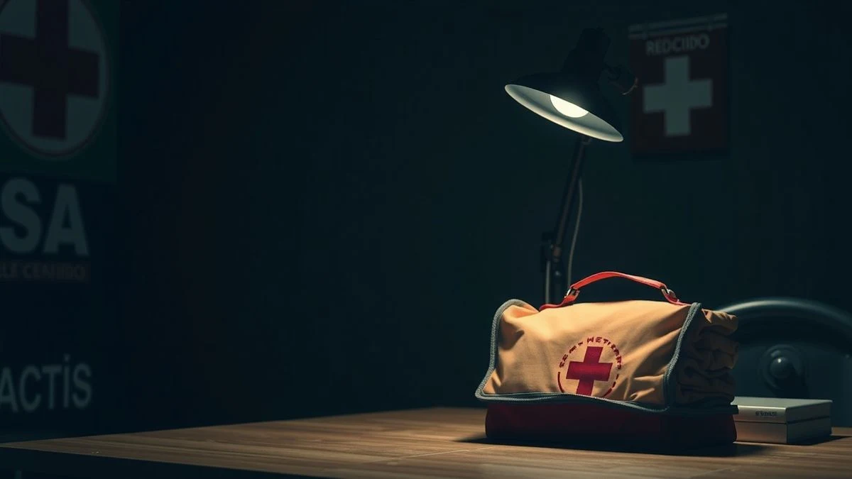 Wooden table with emergency blankets and a first aid kit illuminated by a desk lamp at night