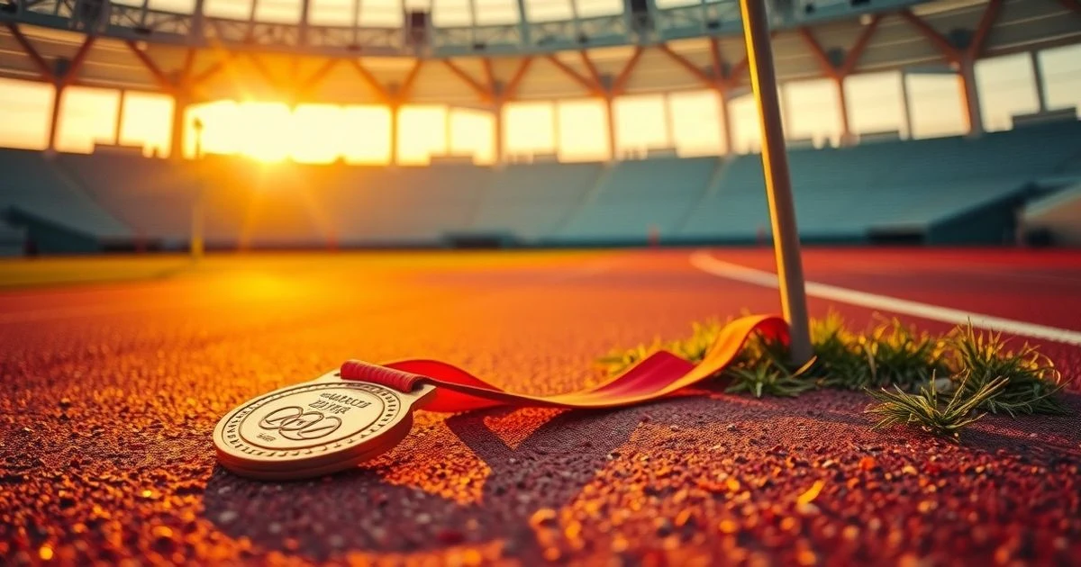 Medalla de oro sobre una pista de atletismo vacía al atardecer